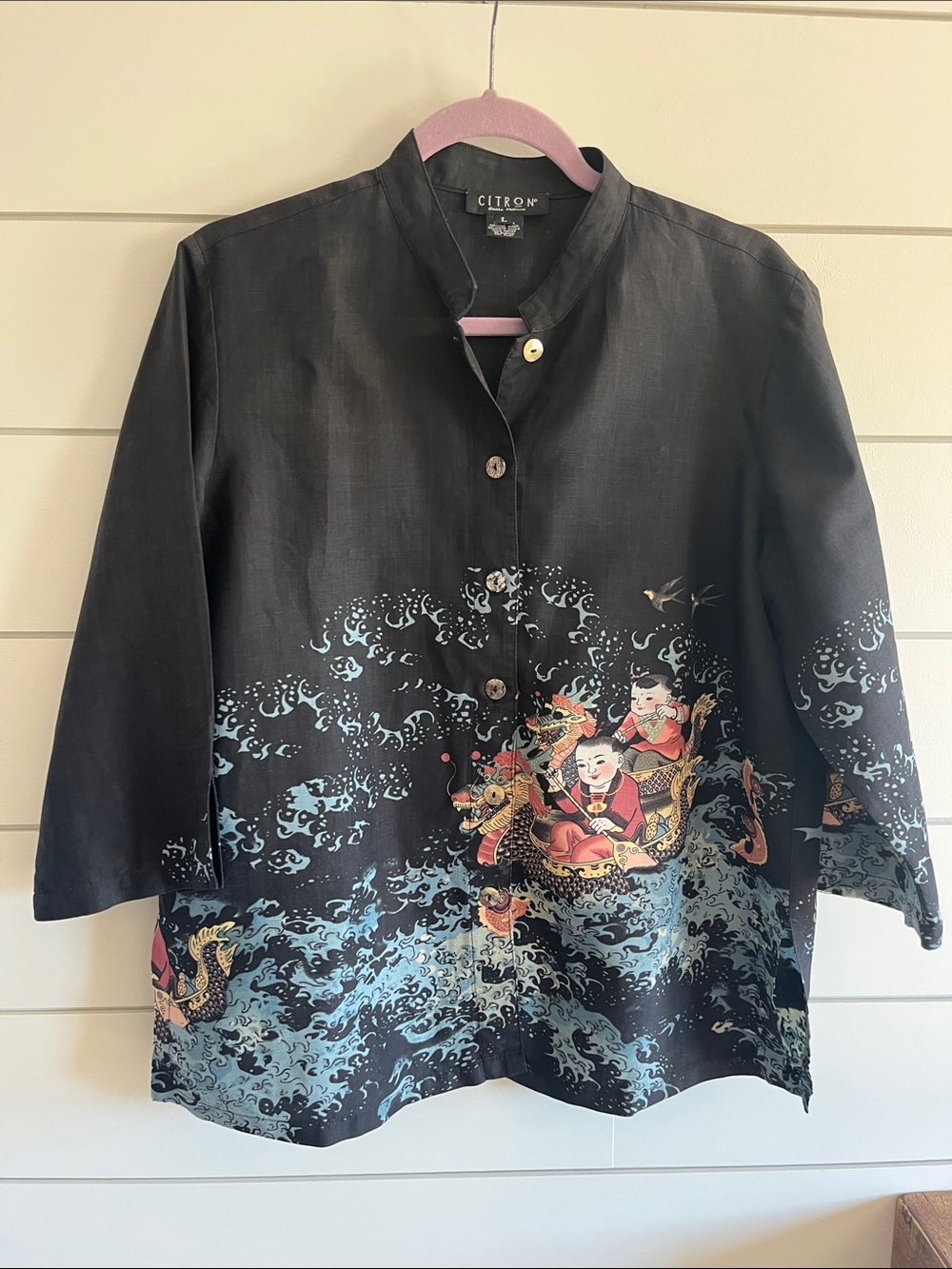 Citron Santa Monica Black Silk Linen Top Size Large
